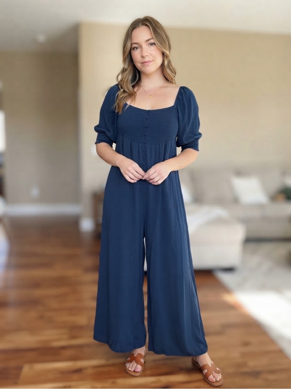 Smocked Square-Neck Wide-Leg Jumpsuit in Deep Navy